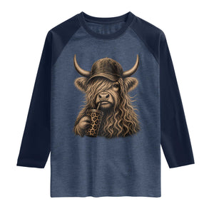 Highland Cow Funny Cute Coffee Lover Graphic Raglan Shirt TS10 Heather Denim Navy Print Your Wear