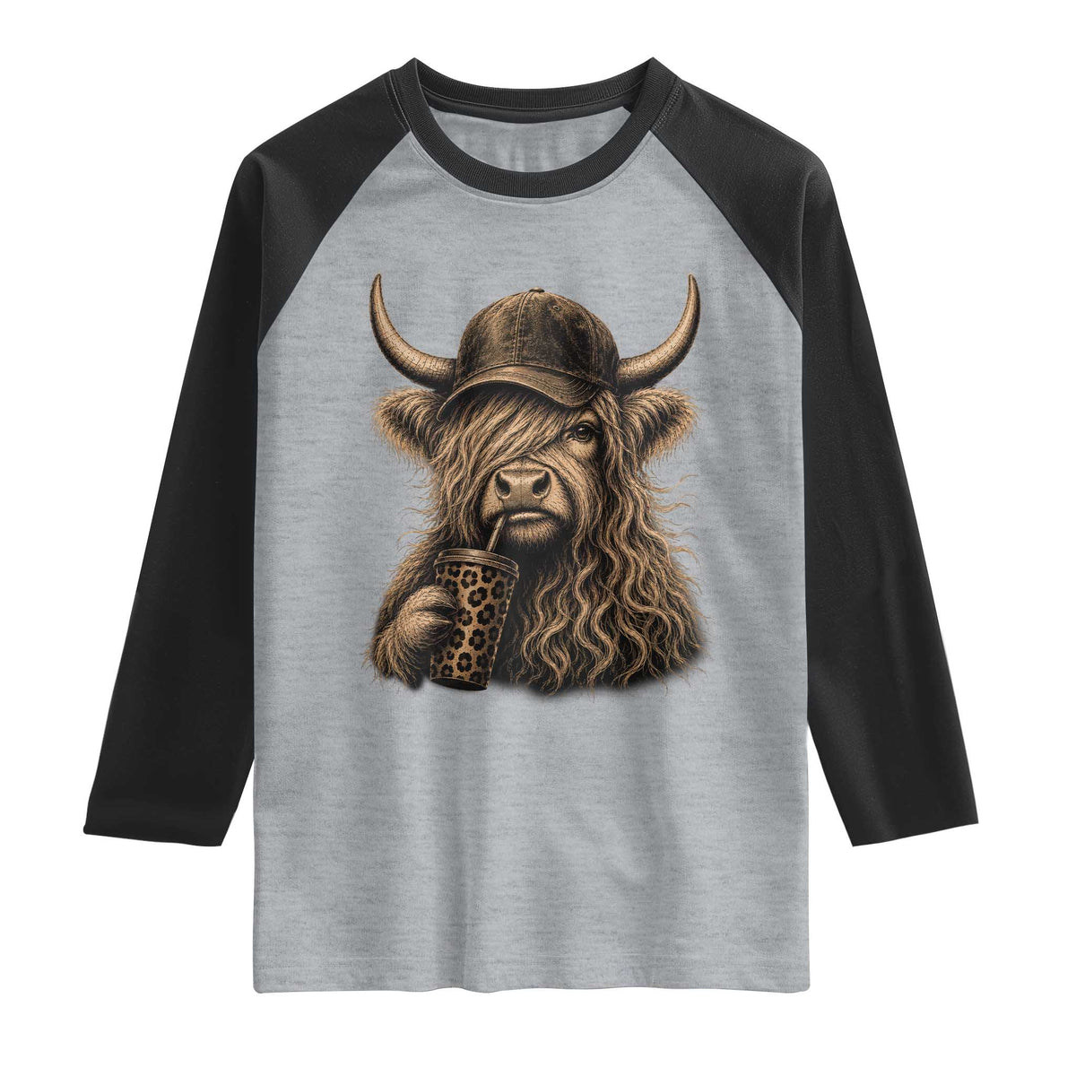 Highland Cow Funny Cute Coffee Lover Graphic Raglan Shirt TS10 Heather Gray Black Print Your Wear