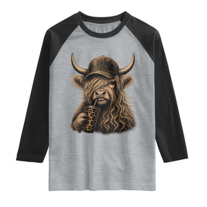 Highland Cow Funny Cute Coffee Lover Graphic Raglan Shirt TS10 Heather Gray Black Print Your Wear