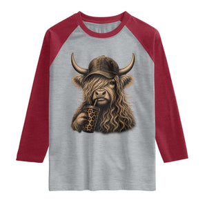 Highland Cow Funny Cute Coffee Lover Graphic Raglan Shirt TS10 Heather Gray Heather Red Print Your Wear