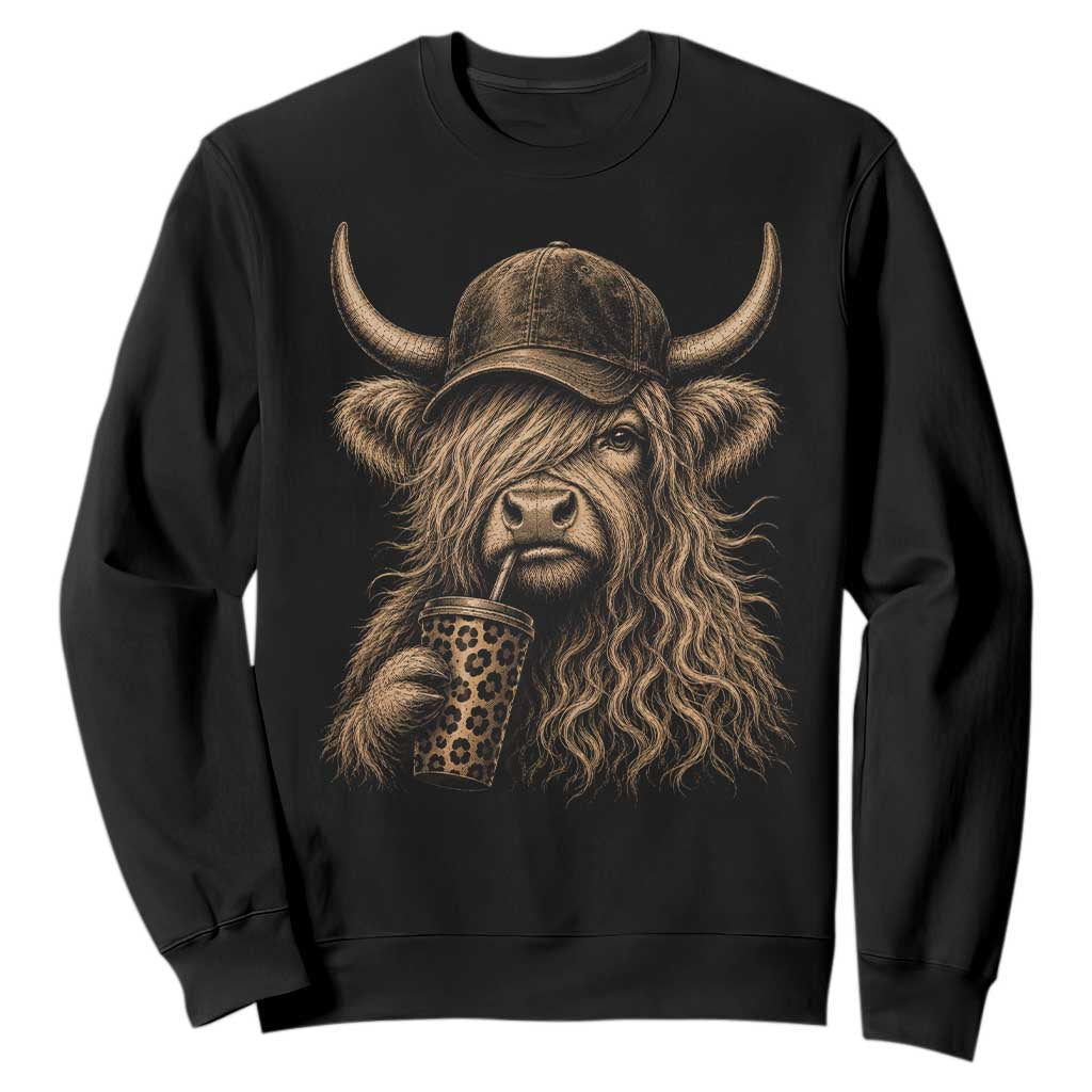 Highland Cow Funny Cute Coffee Lover Graphic Sweatshirt TS10 Black Print Your Wear