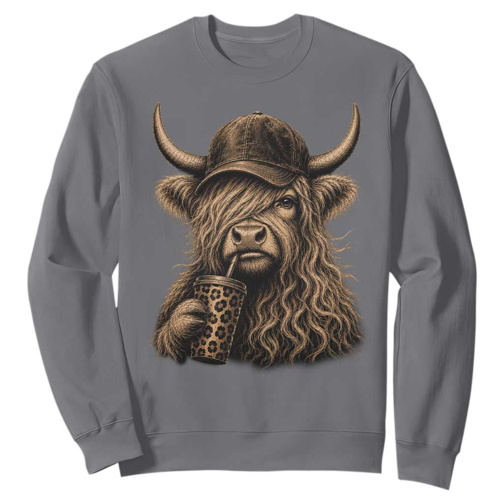 Highland Cow Funny Cute Coffee Lover Graphic Sweatshirt TS10 Charcoal Print Your Wear