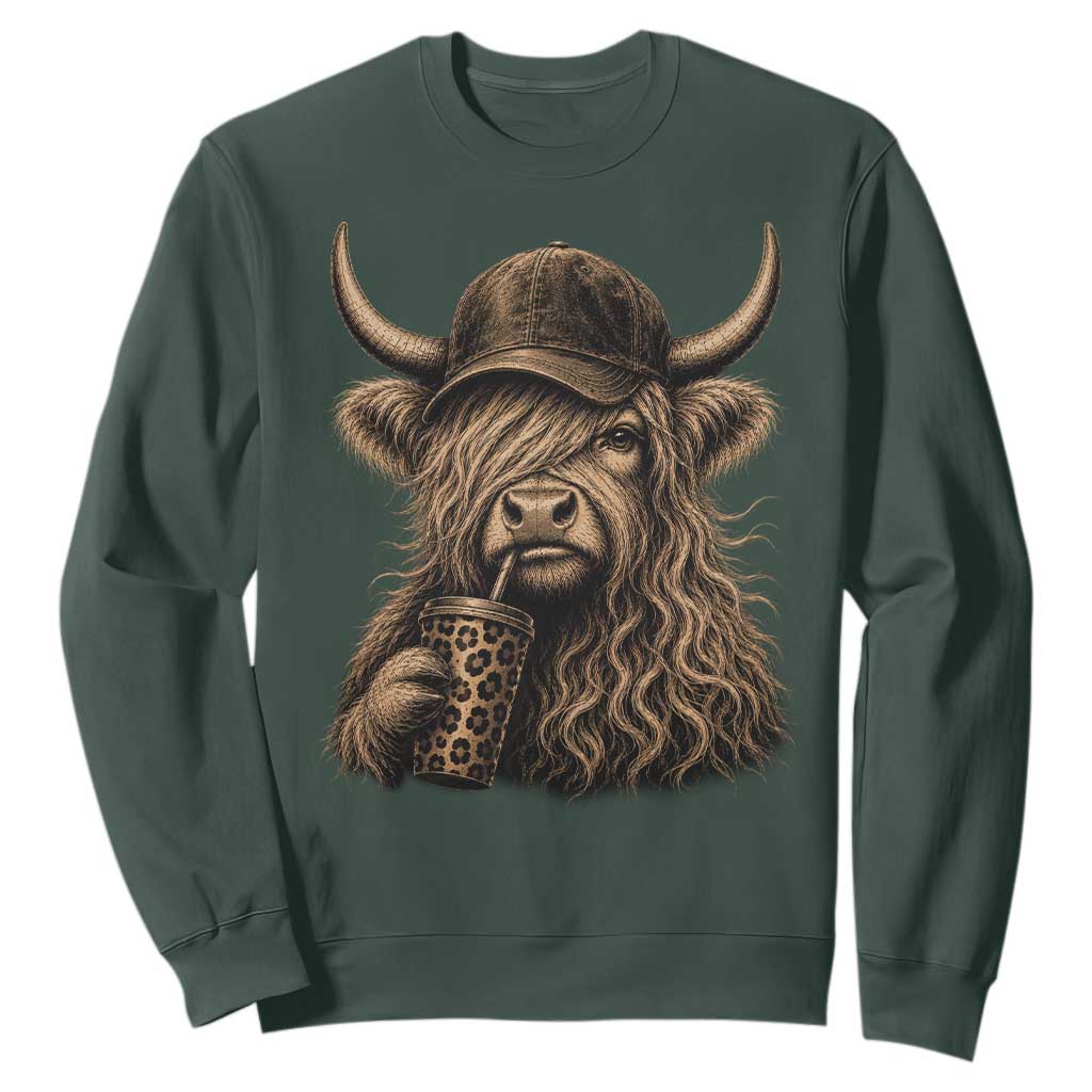 Highland Cow Funny Cute Coffee Lover Graphic Sweatshirt TS10 Dark Forest Green Print Your Wear