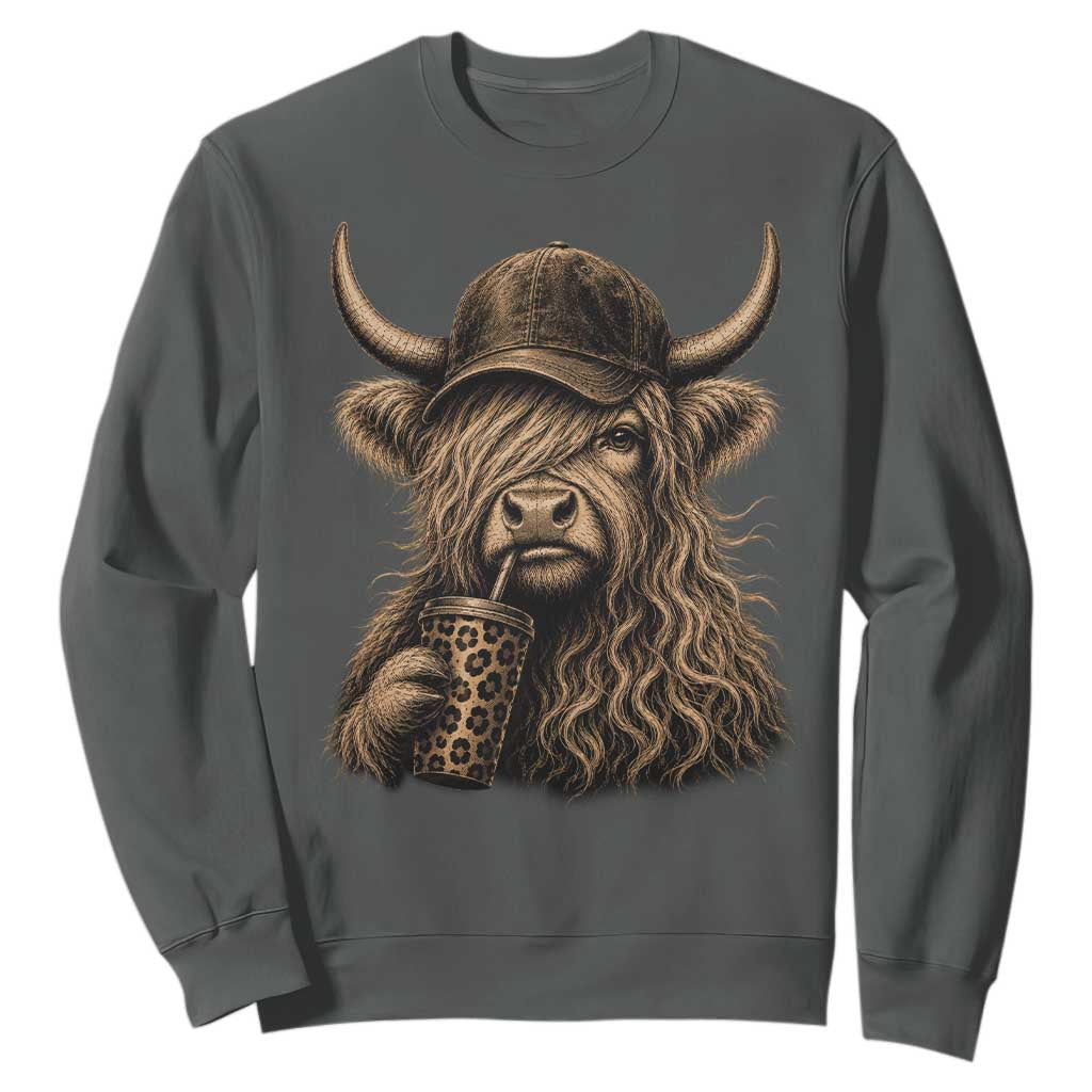 Highland Cow Funny Cute Coffee Lover Graphic Sweatshirt TS10 Dark Heather Print Your Wear