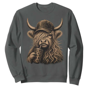 Highland Cow Funny Cute Coffee Lover Graphic Sweatshirt TS10 Dark Heather Print Your Wear