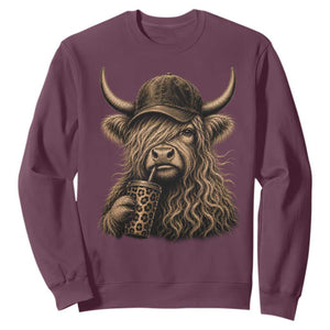 Highland Cow Funny Cute Coffee Lover Graphic Sweatshirt TS10 Maroon Print Your Wear