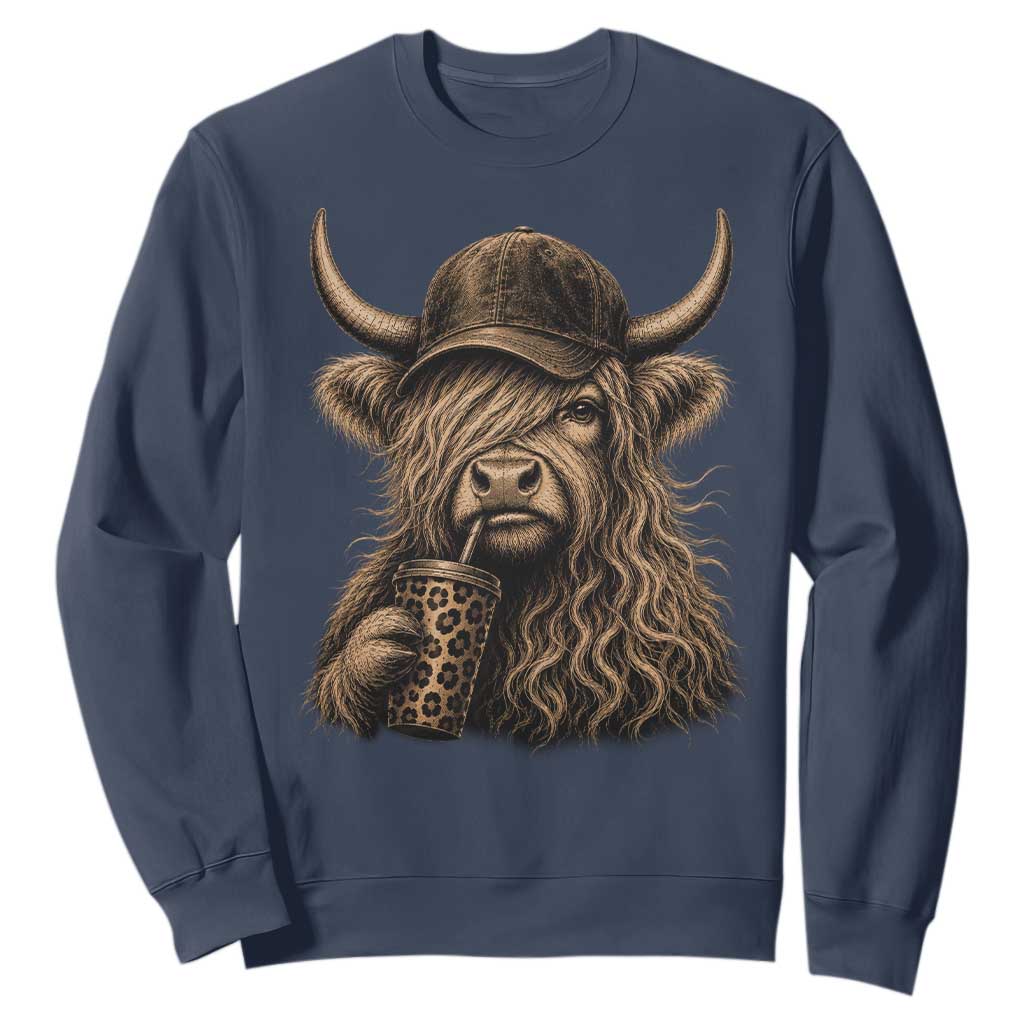 Highland Cow Funny Cute Coffee Lover Graphic Sweatshirt TS10 Navy Print Your Wear