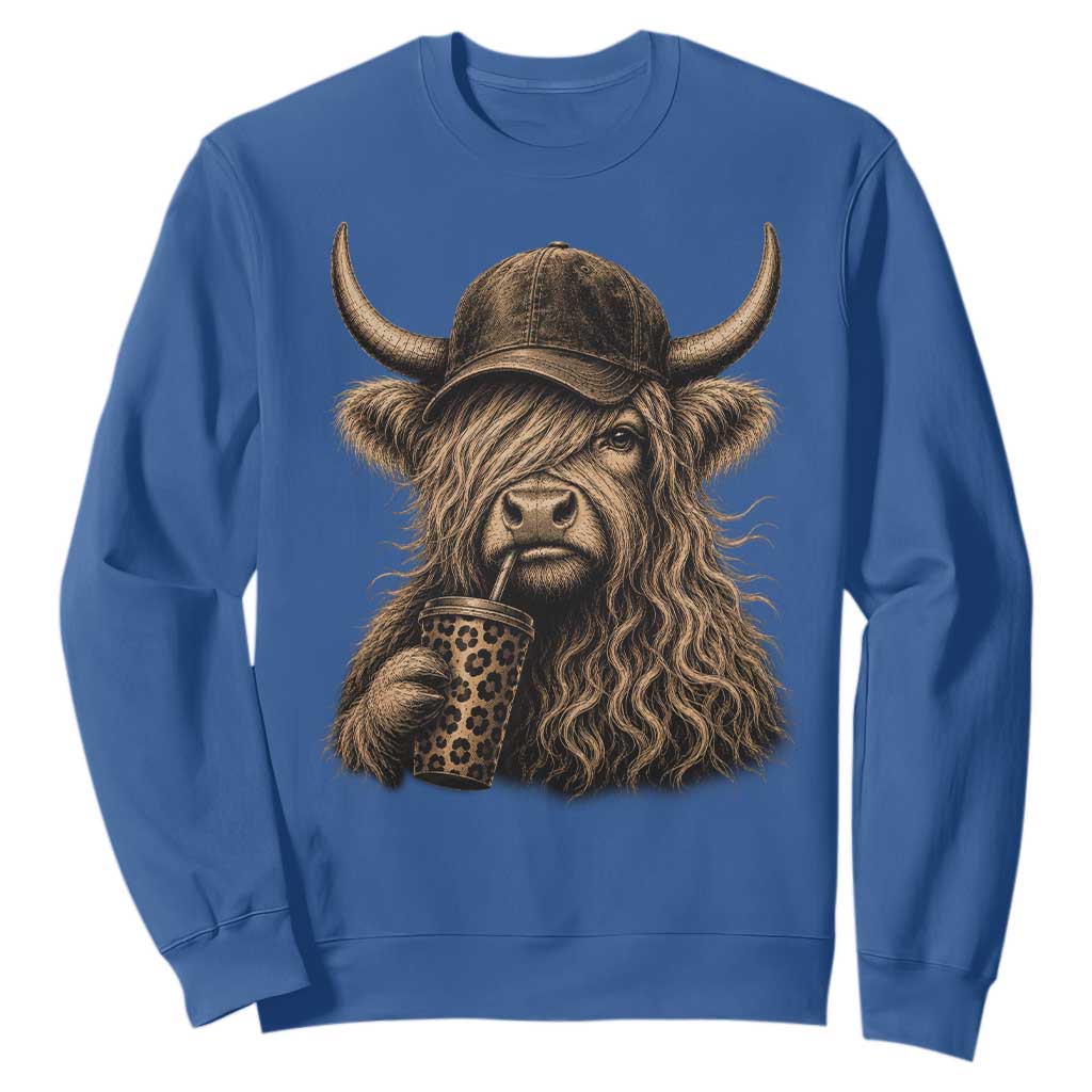 Highland Cow Funny Cute Coffee Lover Graphic Sweatshirt TS10 Royal Blue Print Your Wear