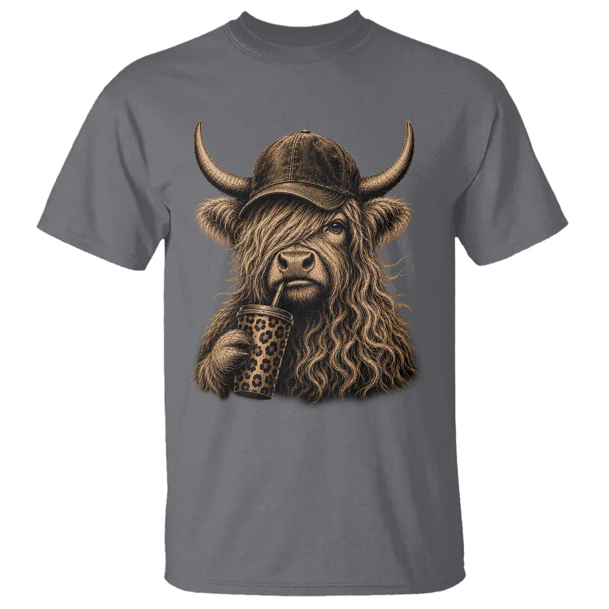 Highland Cow Funny Cute Coffee Lover Graphic T Shirt TS10 Charcoal Print Your Wear
