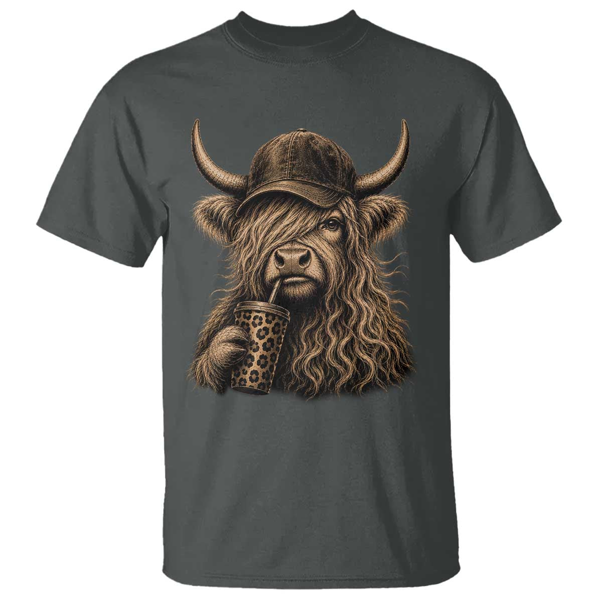 Highland Cow Funny Cute Coffee Lover Graphic T Shirt TS10 Dark Heather Print Your Wear