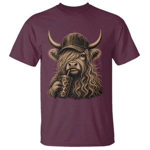 Highland Cow Funny Cute Coffee Lover Graphic T Shirt TS10 Maroon Print Your Wear