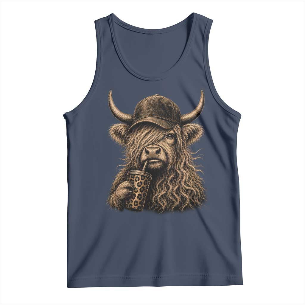 Highland Cow Funny Cute Coffee Lover Graphic Tank Top TS10 Navy Print Your Wear