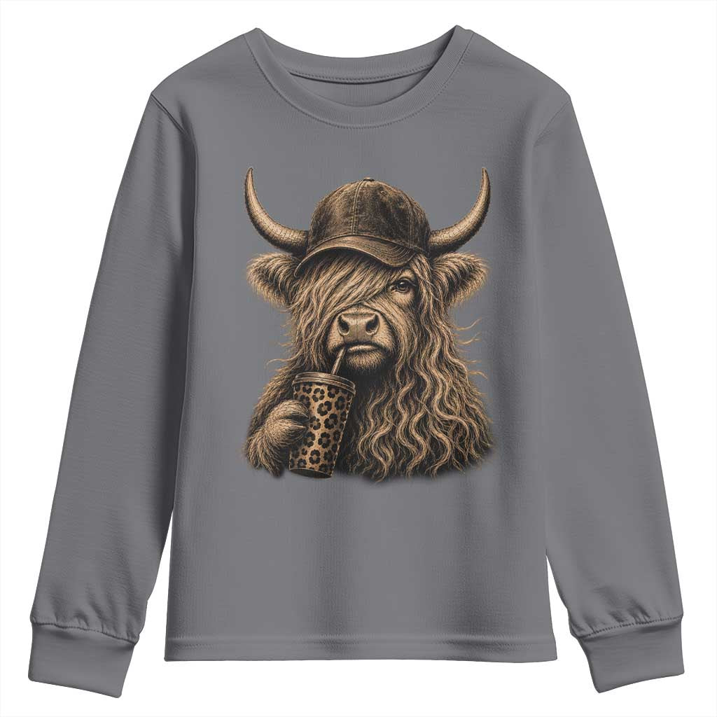 Highland Cow Funny Cute Coffee Lover Graphic Youth Sweatshirt TS10 Charcoal Print Your Wear