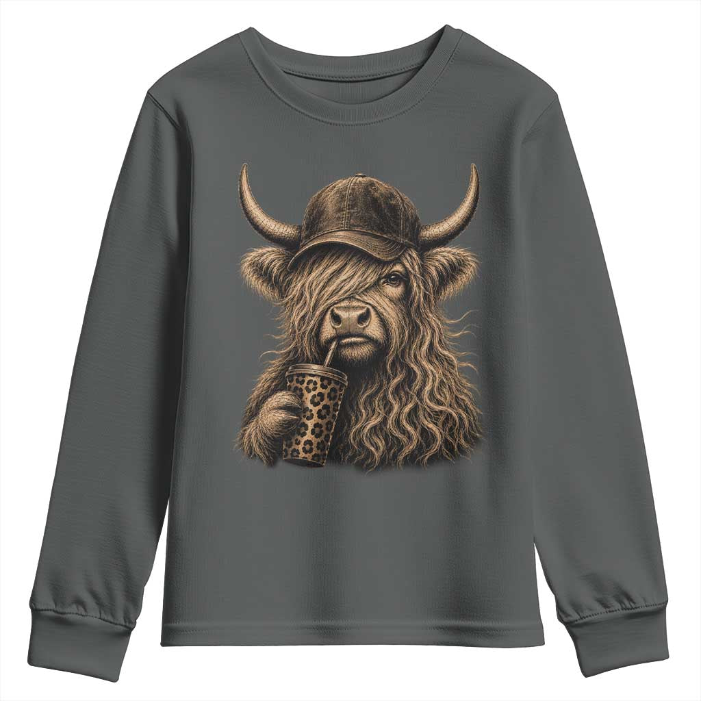 Highland Cow Funny Cute Coffee Lover Graphic Youth Sweatshirt TS10 Dark Heather Print Your Wear