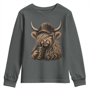 Highland Cow Funny Cute Coffee Lover Graphic Youth Sweatshirt TS10 Dark Heather Print Your Wear