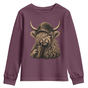 Highland Cow Funny Cute Coffee Lover Graphic Youth Sweatshirt TS10 Maroon Print Your Wear