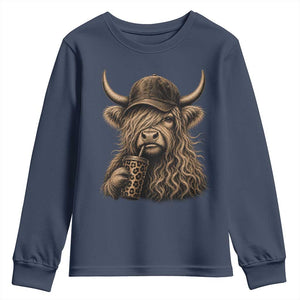 Highland Cow Funny Cute Coffee Lover Graphic Youth Sweatshirt TS10 Navy Print Your Wear