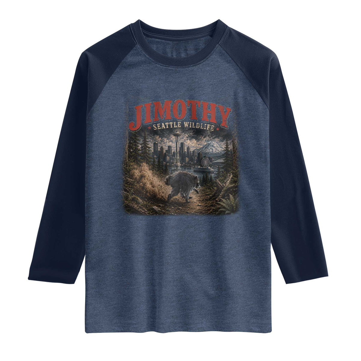 Vintage Jimothy Seattle Wildlife Raccoon Meme Raglan Shirt TS10 Heather Denim Navy Print Your Wear