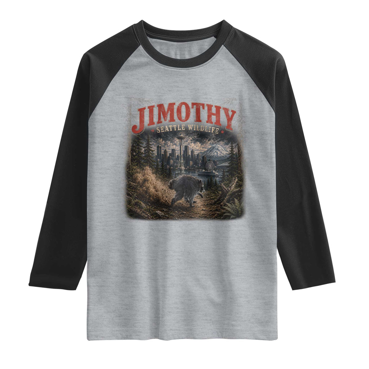 Vintage Jimothy Seattle Wildlife Raccoon Meme Raglan Shirt TS10 Heather Gray Black Print Your Wear