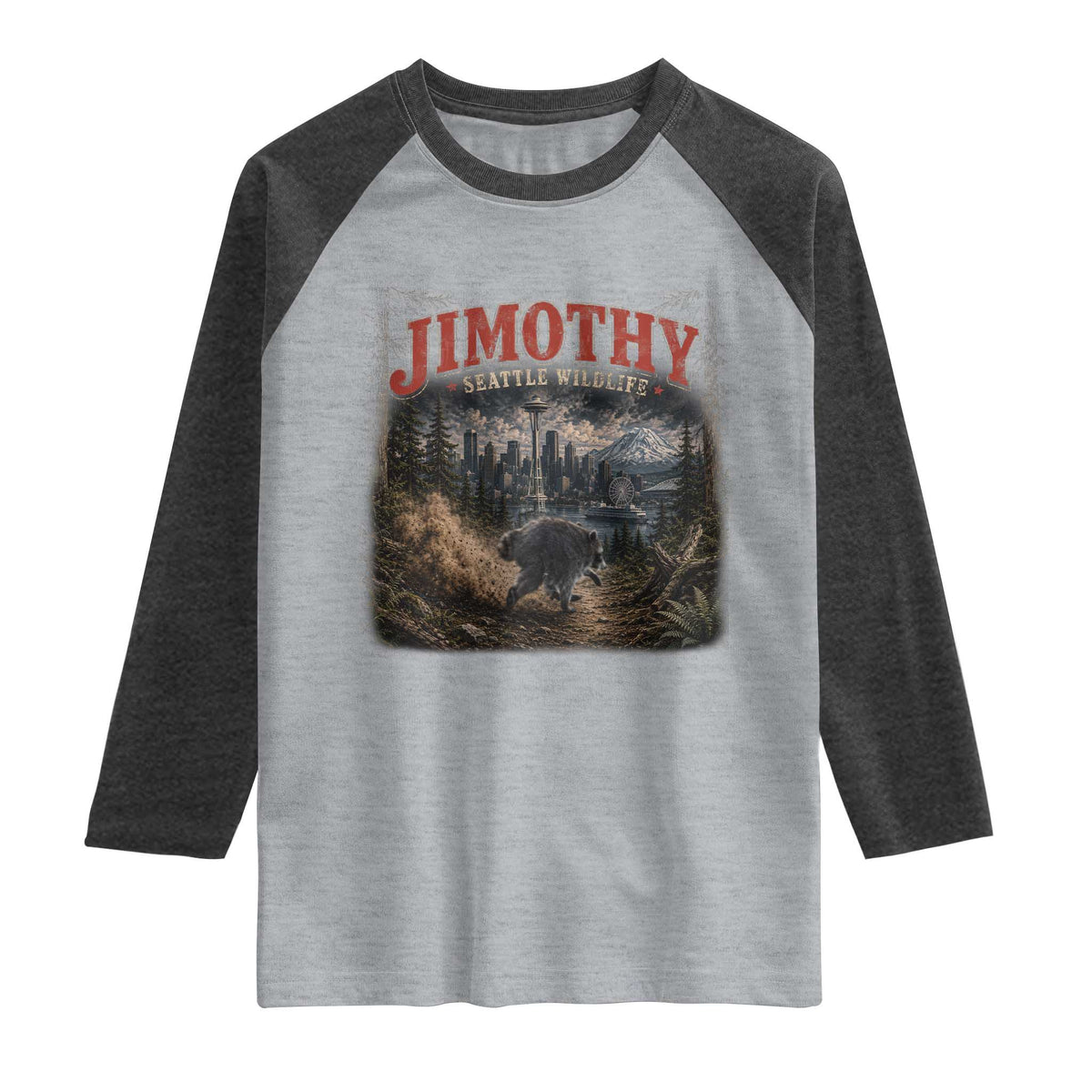 Vintage Jimothy Seattle Wildlife Raccoon Meme Raglan Shirt TS10 Heather Gray Heather Charcoal Print Your Wear