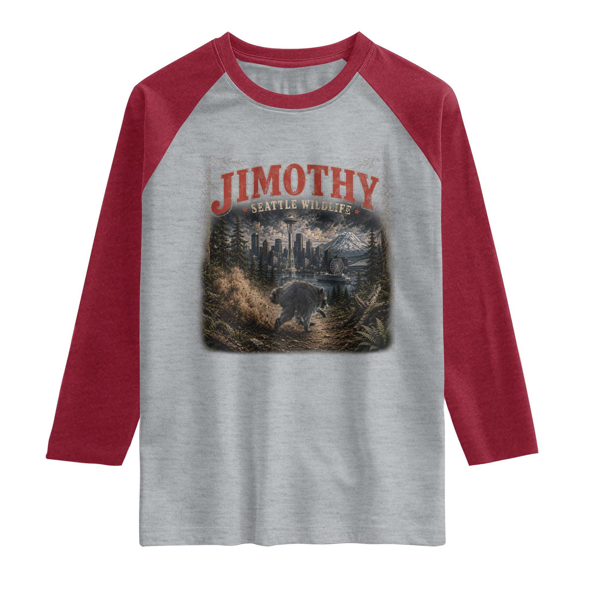 Vintage Jimothy Seattle Wildlife Raccoon Meme Raglan Shirt TS10 Heather Gray Heather Red Print Your Wear
