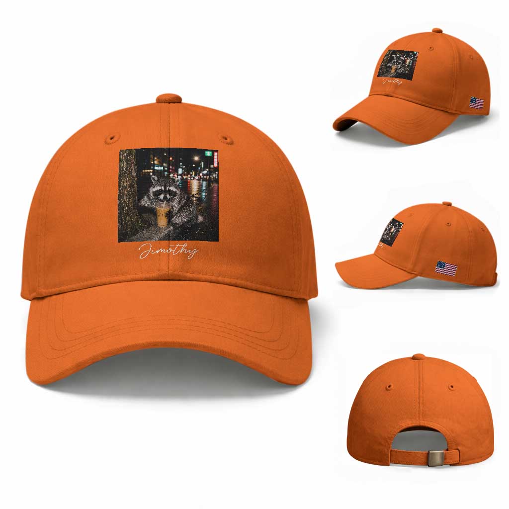 Jimothy Raccoon Drinking Iced Coffee Night City Aesthetic Baseball Cap TS10 Baseball Cap Universal Fit Orange Print Your Wear
