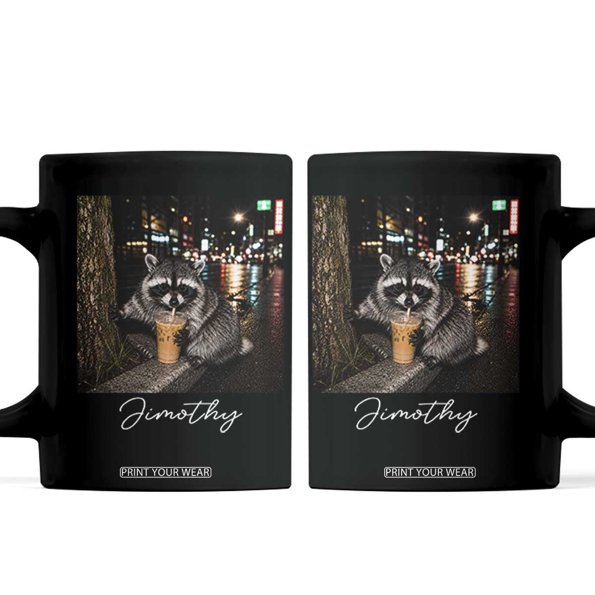 Jimothy Raccoon Drinking Iced Coffee Night City Aesthetic Coffee Mug TS10 Black Print Your Wear