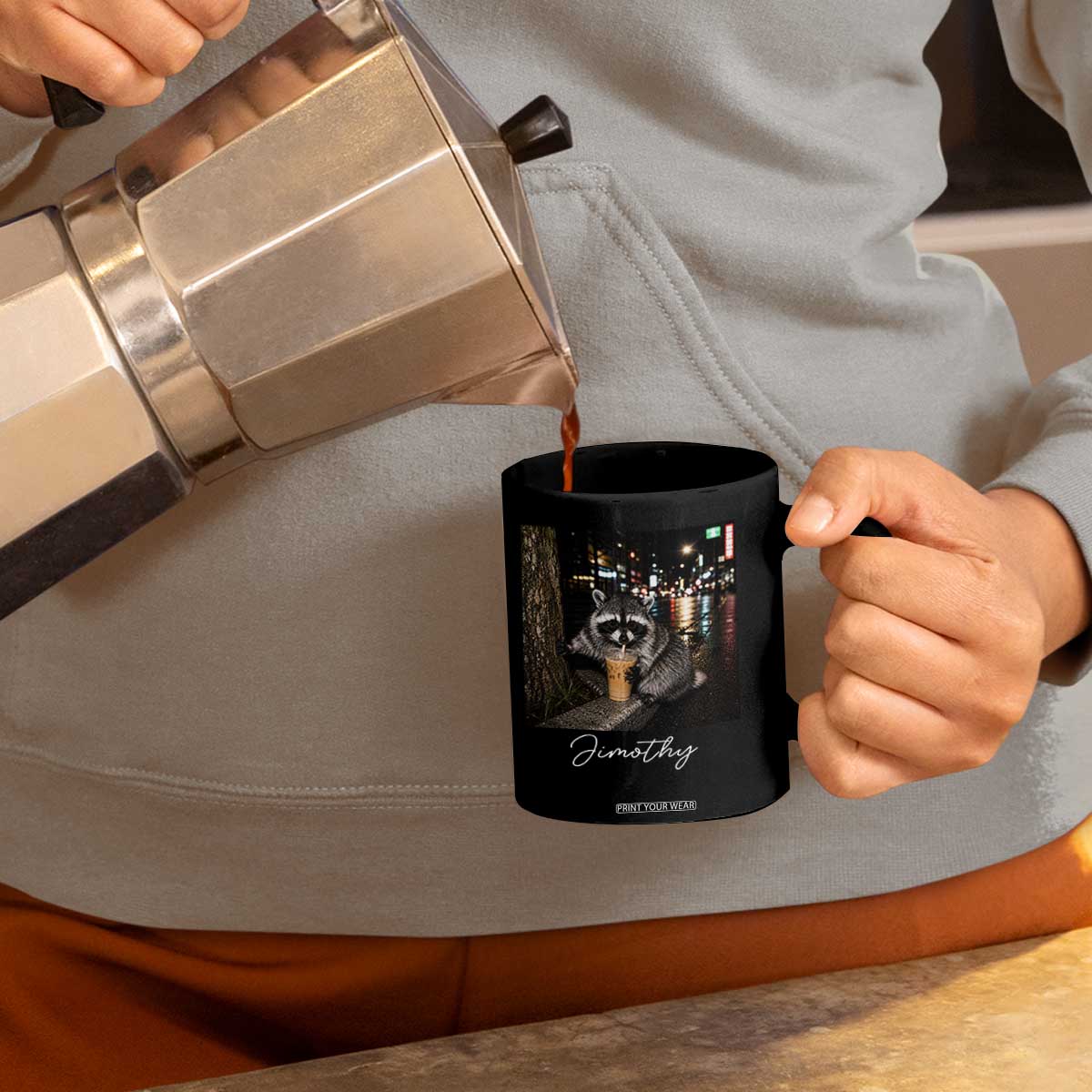 Jimothy Raccoon Drinking Iced Coffee Night City Aesthetic Coffee Mug TS10 Print Your Wear