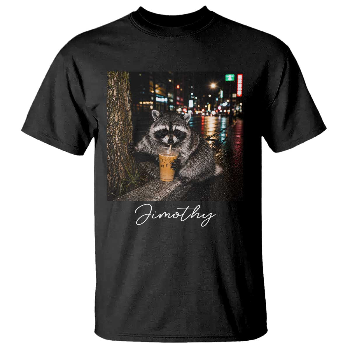 Jimothy Raccoon Drinking Iced Coffee Night City Aesthetic T Shirt TS10 Black Print Your Wear