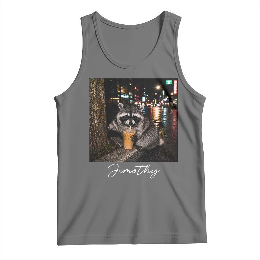 Jimothy Raccoon Drinking Iced Coffee Night City Aesthetic Tank Top TS10 Black Heather Print Your Wear
