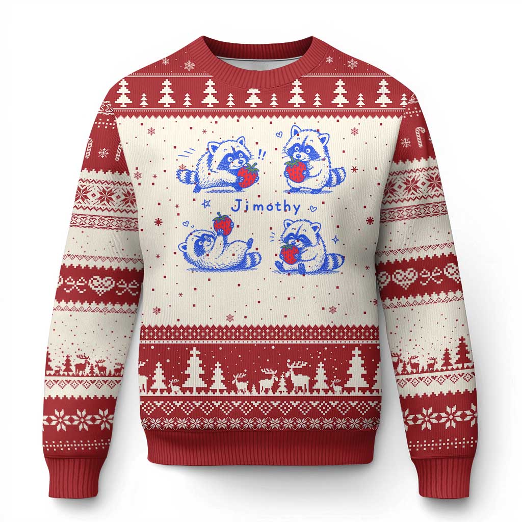 Funny Jimothy Viral Raccoon Ugly Christmas Sweater Cute Baby Trash Panda Strawberry TS10 Beige Red Print Your Wear