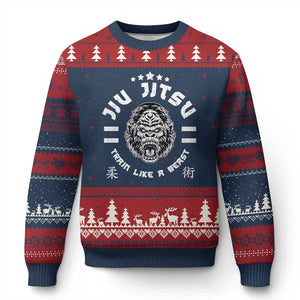 Brazilian Jiu Jitsu Ugly Christmas Sweater Train Like A Beast Vintage BJJ Grappling Gorilla TS10 Navy Red Print Your Wear