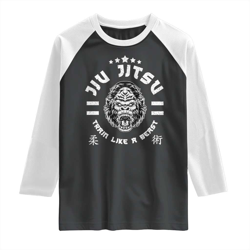 Brazilian Jiu Jitsu Raglan Shirt Train Like A Beast Vintage BJJ Grappling Gorilla TS10 Black White Print Your Wear