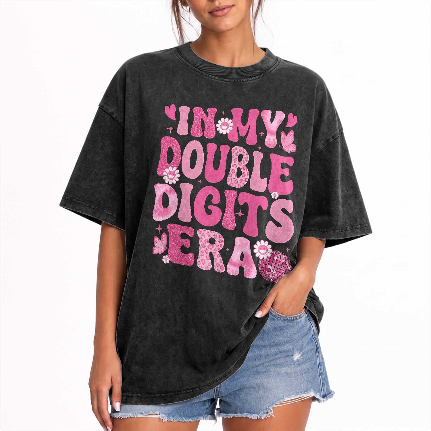 10 Years Old Birthday Girl Washed Cotton T-Shirt In My Double Digits Era
