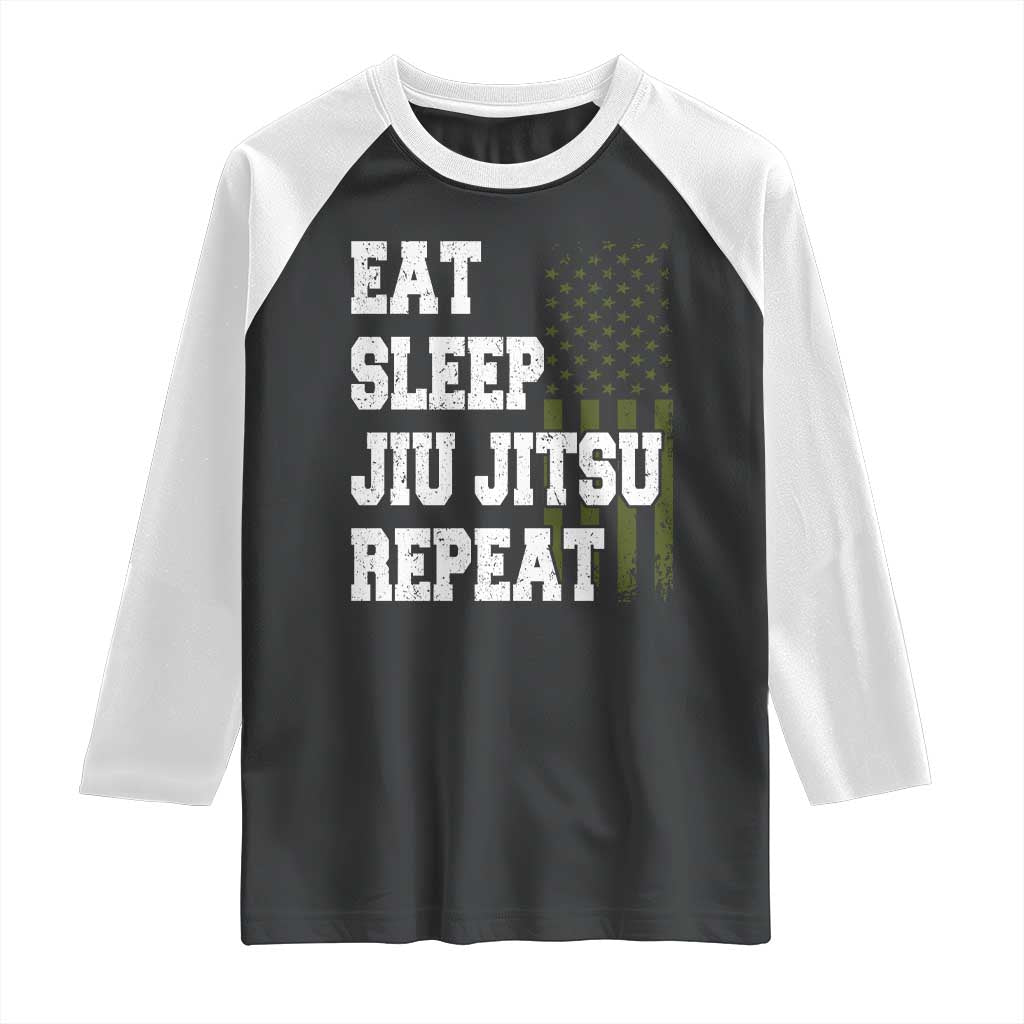 Eat Sleep Jiu Jitsu Repeat Raglan Shirt Cool JiuJitsu BJJ American Flag TS10 Black White Print Your Wear
