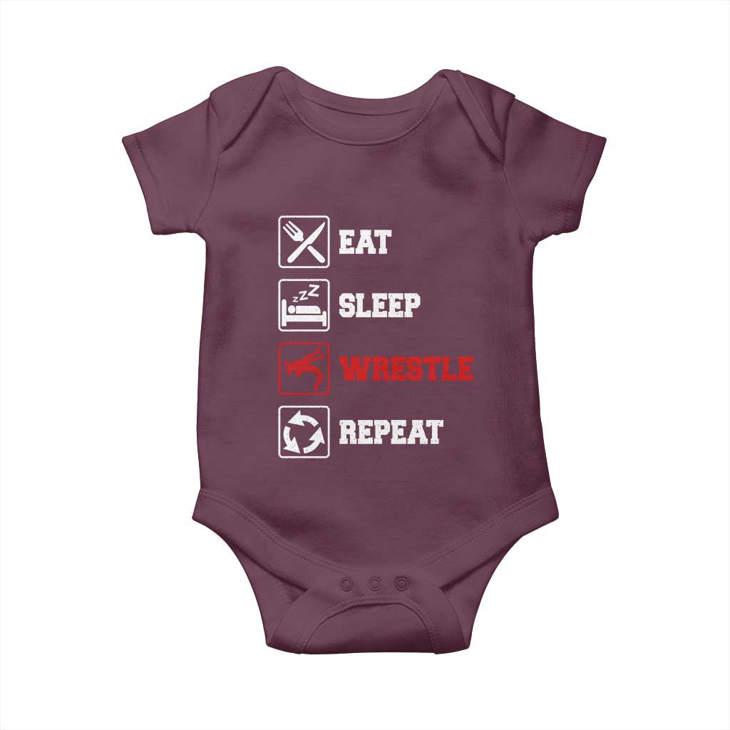 Eat Sleep Wrestle Repeat Baby Onesie Funny Wrestling Gym TS10 Maroon Print Your Wear