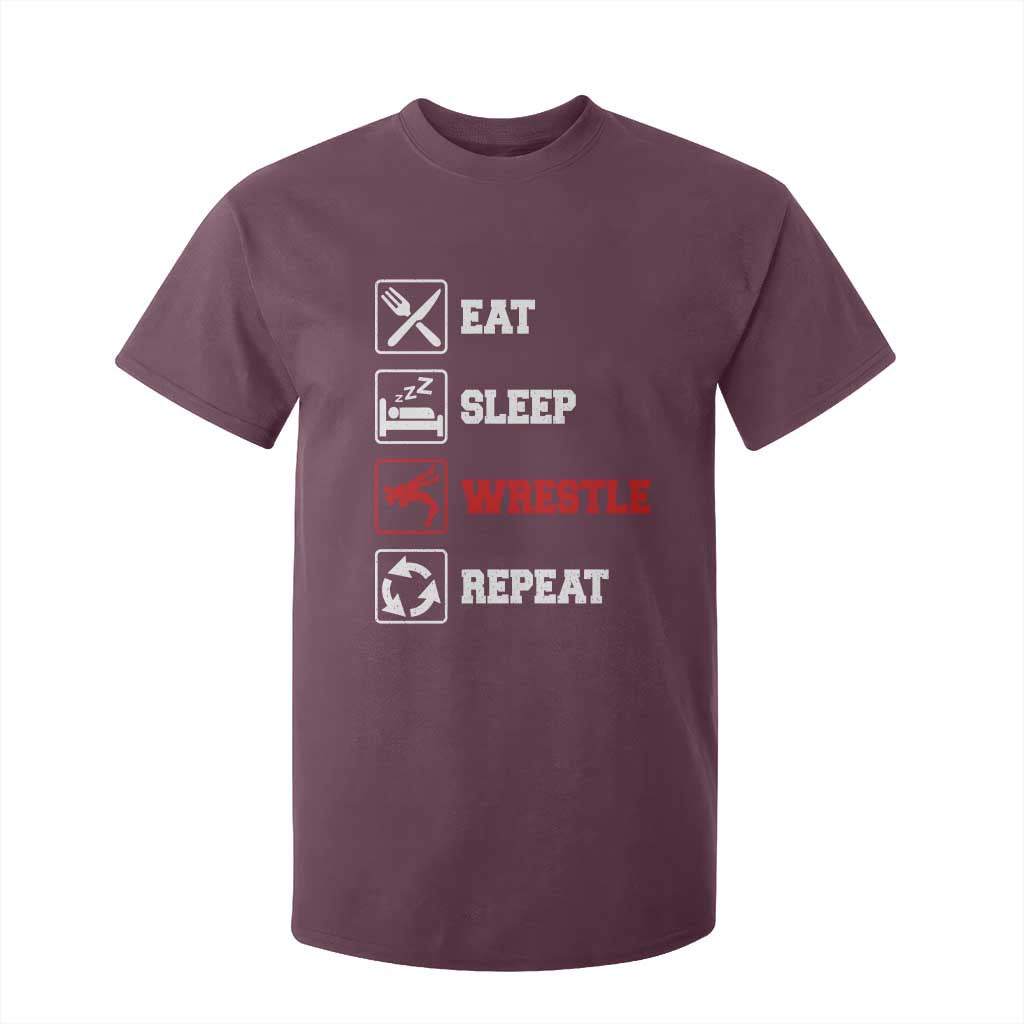 Eat Sleep Wrestle Repeat T Shirt For Kid Funny Wrestling Gym TS10 Maroon Print Your Wear