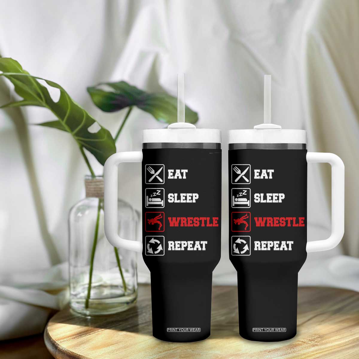 Eat Sleep Wrestle Repeat Tumbler With Handle Funny Wrestling Gym TS10 Print Your Wear
