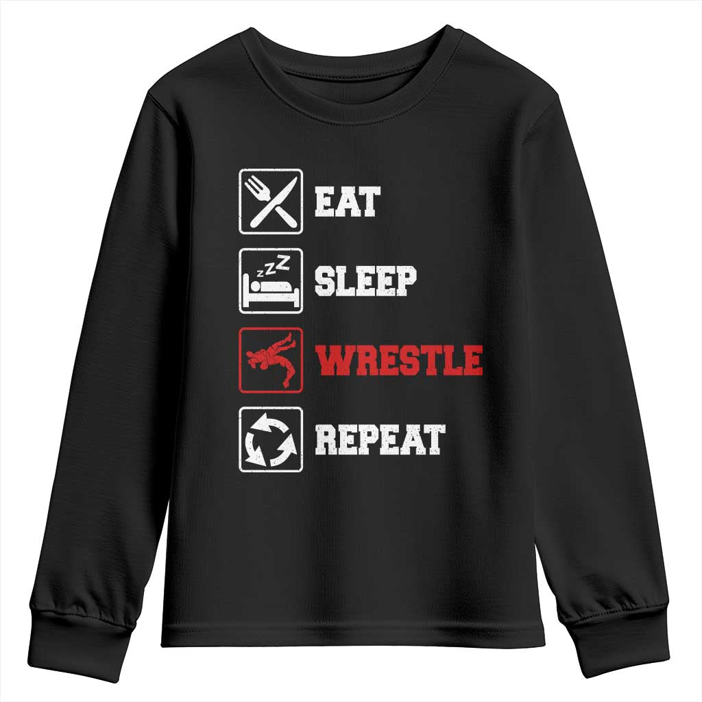 Eat Sleep Wrestle Repeat Youth Sweatshirt Funny Wrestling Gym TS10 Black Print Your Wear