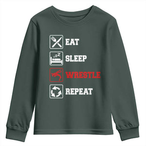 Eat Sleep Wrestle Repeat Youth Sweatshirt Funny Wrestling Gym TS10 Dark Forest Green Print Your Wear