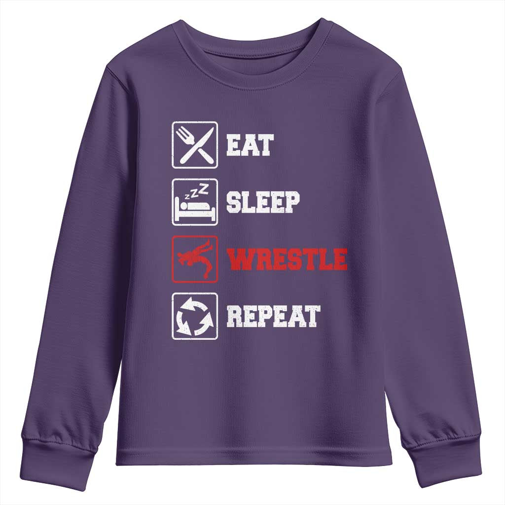 Eat Sleep Wrestle Repeat Youth Sweatshirt Funny Wrestling Gym TS10 Purple Print Your Wear