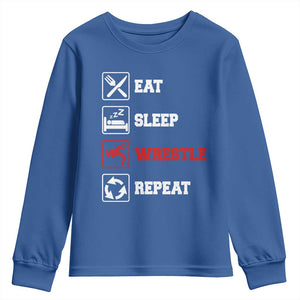 Eat Sleep Wrestle Repeat Youth Sweatshirt Funny Wrestling Gym TS10 Royal Blue Print Your Wear