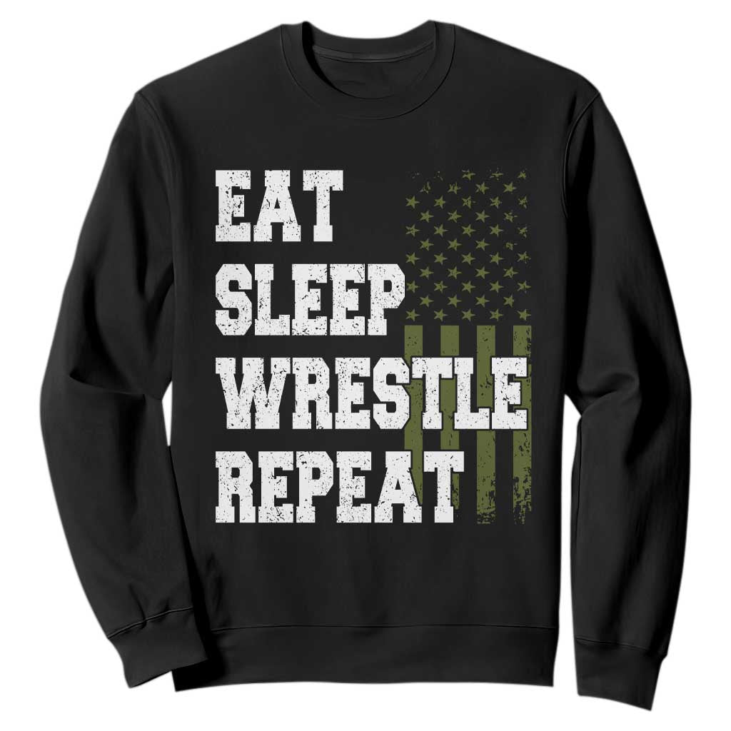 Eat Sleep Wrestle Repeat Sweatshirt Funny Wrestling Gym American Flag TS10 Black Print Your Wear