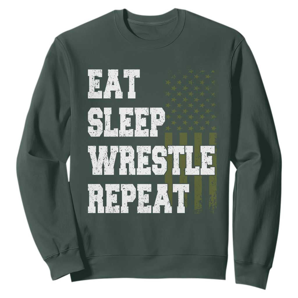 Eat Sleep Wrestle Repeat Sweatshirt Funny Wrestling Gym American Flag TS10 Dark Forest Green Print Your Wear