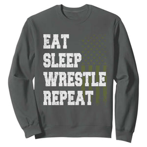 Eat Sleep Wrestle Repeat Sweatshirt Funny Wrestling Gym American Flag TS10 Dark Heather Print Your Wear