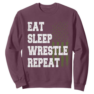 Eat Sleep Wrestle Repeat Sweatshirt Funny Wrestling Gym American Flag TS10 Maroon Print Your Wear