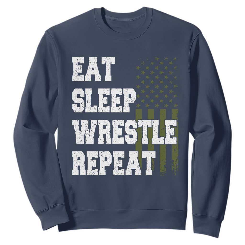 Eat Sleep Wrestle Repeat Sweatshirt Funny Wrestling Gym American Flag TS10 Navy Print Your Wear