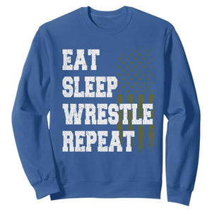 Eat Sleep Wrestle Repeat Sweatshirt Funny Wrestling Gym American Flag TS10 Royal Blue Print Your Wear