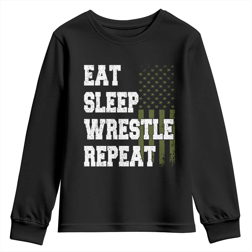 Eat Sleep Wrestle Repeat Youth Sweatshirt Funny Wrestling Gym American Flag TS10 Black Print Your Wear