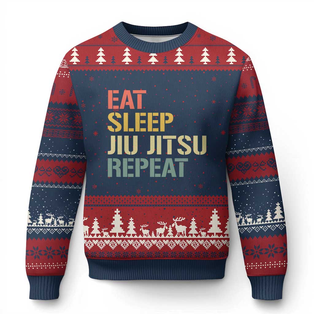 Retro Eat Sleep Jiu Jitsu Repeat Ugly Christmas Sweater Vintage JiuJitsu BJJ TS10 Navy Red Print Your Wear
